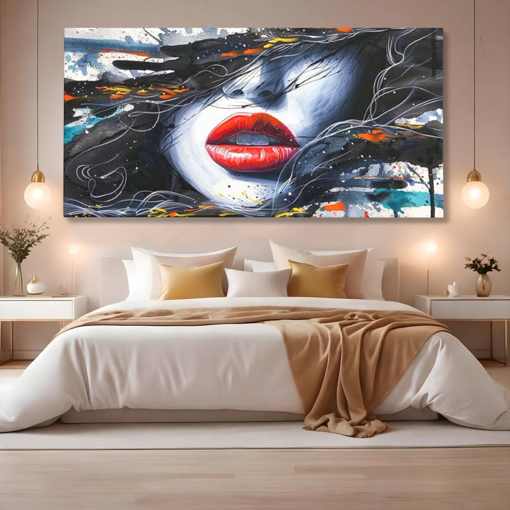 Tablou canvas cu tablou canvas cu buze rosii si par abstract, fara rama, pe sasiu de lemn, pe perete intr-un dormitor